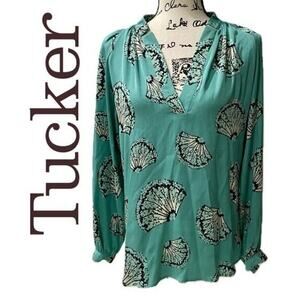 TUCKER BLOUSE FAN PRINT SILK SMOCKED V NECK SZ L TEAL NAUTICAL AESTHETIC CORE